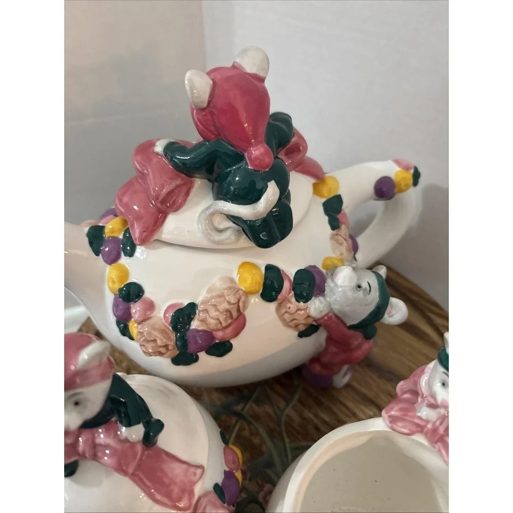 Cat Mouse Applause Inc 5 Pc Set Tea Pot Creamer Napkin Holder Lids Clock Pink